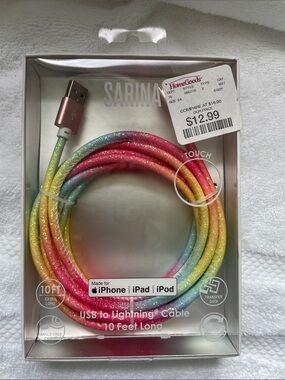 BRAND NEW Sarina Glitter Rainbow USB to Lightning Cable for iPhone - 10ft